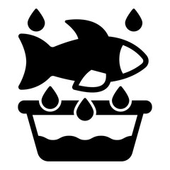 Fish at water basket concept. Vector graphics. fishery concept. Vector graphics. Washing fish sign on white background, glyph style mobile or design.