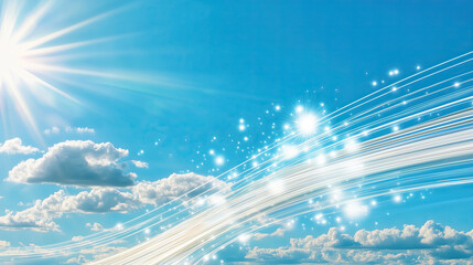 Bright sunlight shines over clear blue sky with wispy clouds, creating vibrant scene filled with sparkling light trails
