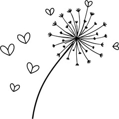 Dandelion seeds flying as tiny hearts line art vector