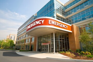 Hospital exterior with brick wall and metal beams with large red "EMERGENCY" sign