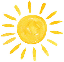 Sun Watercolor Whimsical Style, Sunshine with Rays on Isolated Background
