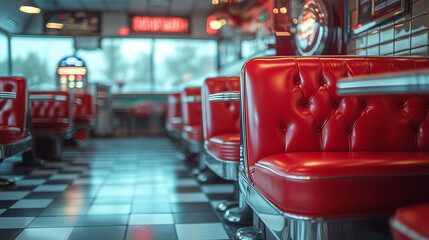 Vintage diner interior with red leather booths, black and white floor tiles, as restaurant background illustration