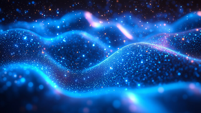 Abstract Glowing Blue Waves with Sparkling Particles, Generative AI Background, Illustration.
