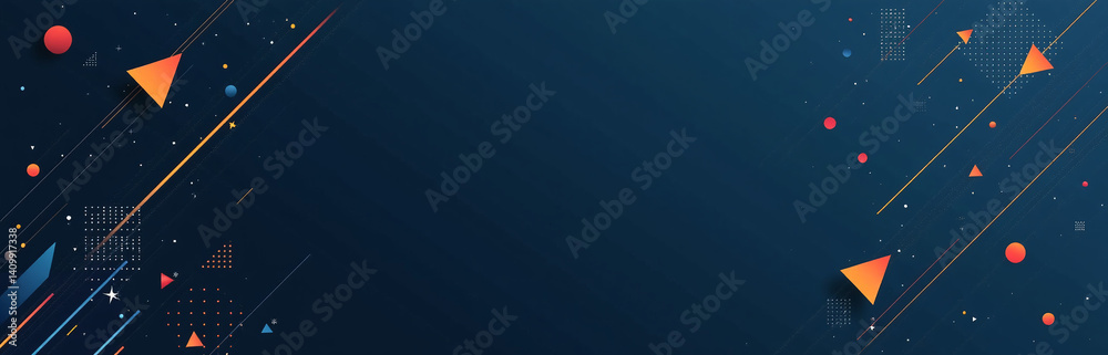 Poster Modern Design Features Geometric Shapes, Lines, And Triangles On A Dark Blue Or Black Abstract Background With Wide Empty Space.