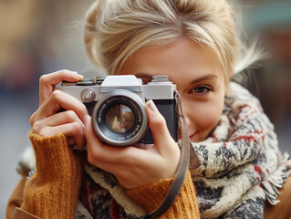young woman taking a photo with analog camera travel life style.