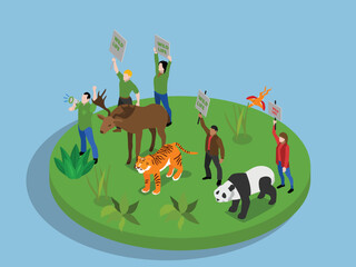Isometric Wildlife Conservation Concept with Activists and Endangered Animals 3d flat vector illustrations © Creativa Images