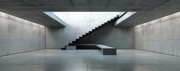 Obraz premium Minimalist concrete space with clean lines, featuring staircase and bench, evokes sense of modern tranquility
