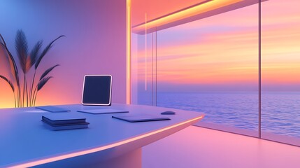 Fototapeta premium A minimalist office with a smart desk, ambient lighting transitioning from deep ocean blue to soft pastel peach, creating a calm and productive space.