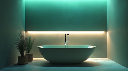 A minimalist bathroom with a freestanding tub, soft LED lights casting a relaxing transition from deep sea green to pale ivory along the walls.