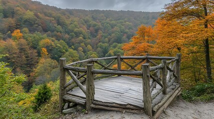 Autumnal Forest Viewpoint Rustic Wooden Deck