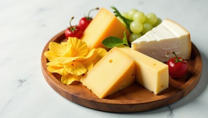 Elegant cheese platter, various cheeses, white backdrop , culinary, delicate, variety