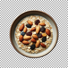 Healthy Oatmeal Bowl with Almonds and Raisins Topping on transparent background, png, psd
