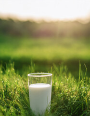Glass of fresh milk, landscape with green grass. Delicious and natural diary product. Organic drink