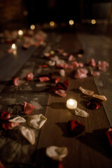Romantic Candlelight and Rose Petals on the Floor
