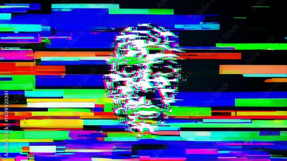 Poster digital face glitching dramatically, representing cybersecurity vulnerabilities and growing risks of