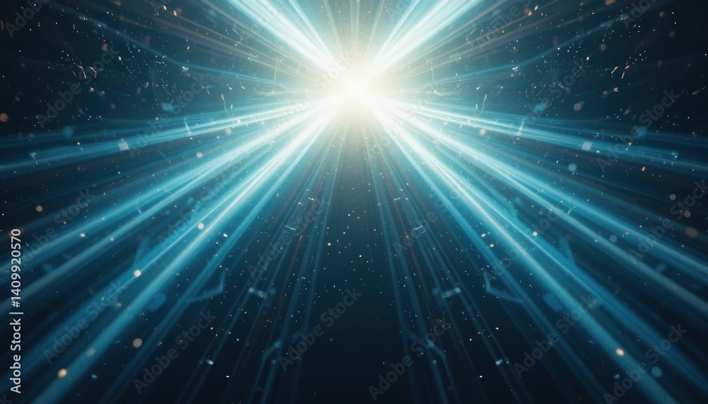 Poster dynamic light rays emanating from a central source digital environment visual content cosmic atmosph