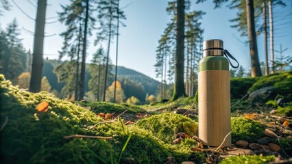 Reusable eco-friendly bottle placed on forest floor, symbolizing sustainable living, outdoor adventure, and environmental awareness in nature.