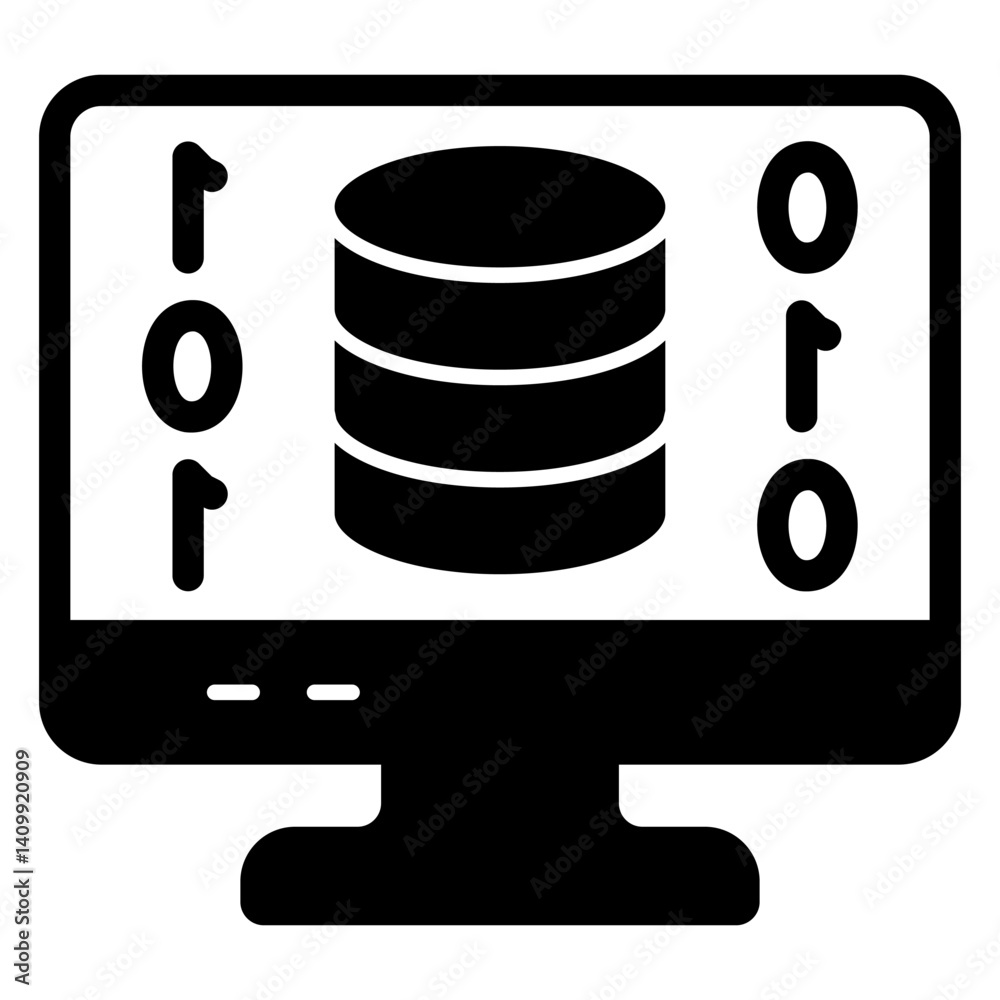 Poster disks on monitor screen solid icon, data encryption and storage concept. vector graphics. digital ba