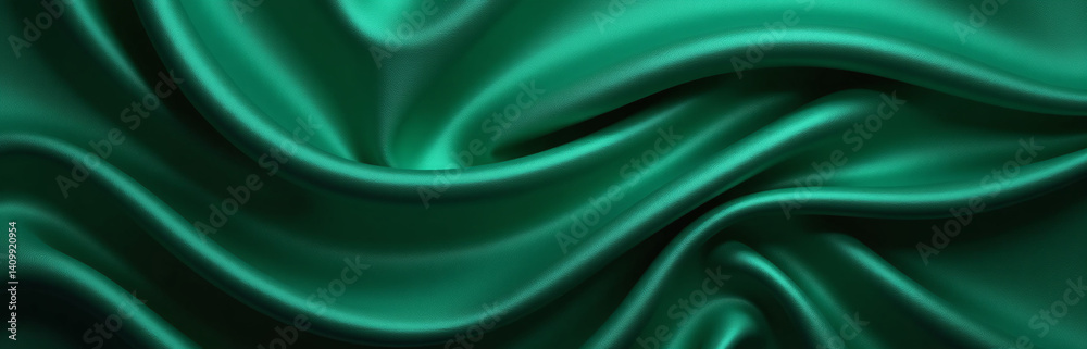 Poster rich dark green silk satin features a shiny surface with wavy folds, ideal for elegant backgrounds w