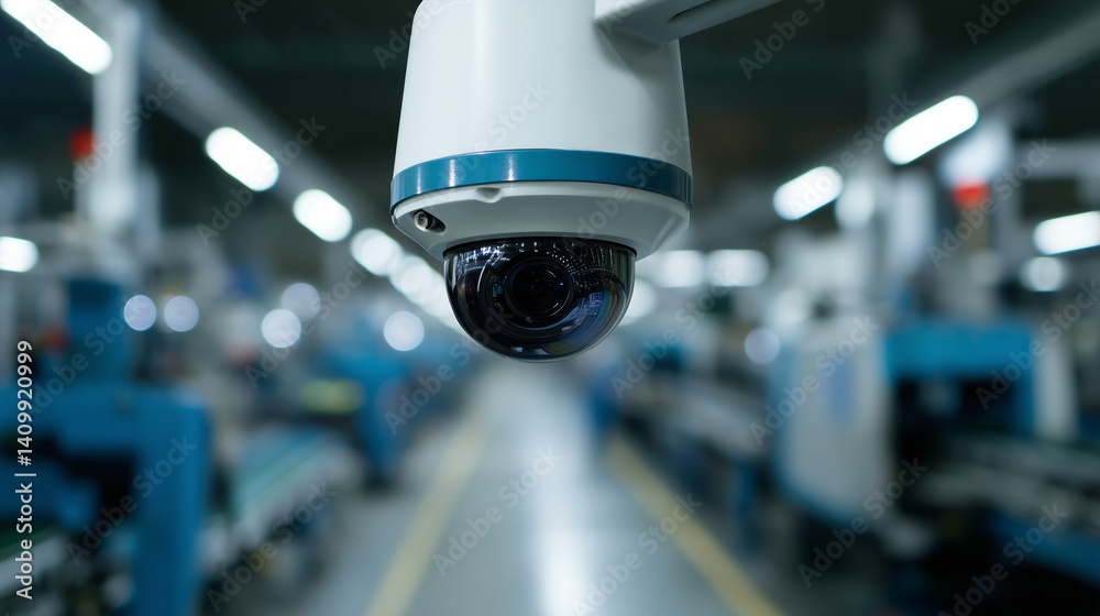 Poster security camera is monitoring modern factory floor, ensuring safety and efficiency