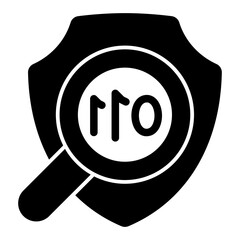 Data with magnifier on emblem solid icon, data encryption concept. Vector graphics. Safety emblem with magnifying glass sign on white background, glyph style mobile or design.