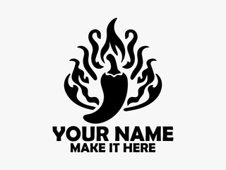 Bold black and white emblem depicting a chili pepper engulfed in stylized flames indicating a high level of spiciness. Food concept, chili logo design, chili logo brand and chili logo vector