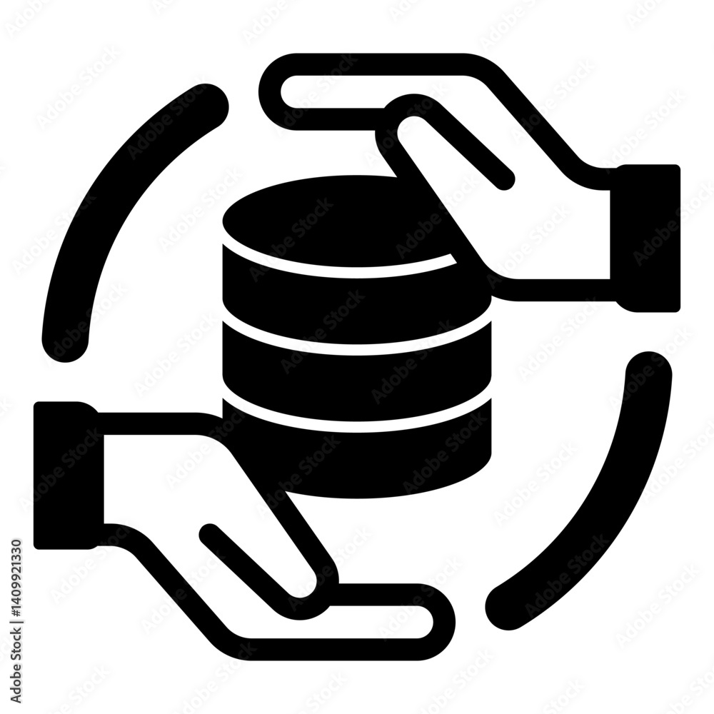 Poster hands with storage array solid icon, data hoarding concept. vector graphics. hard disks space sign o