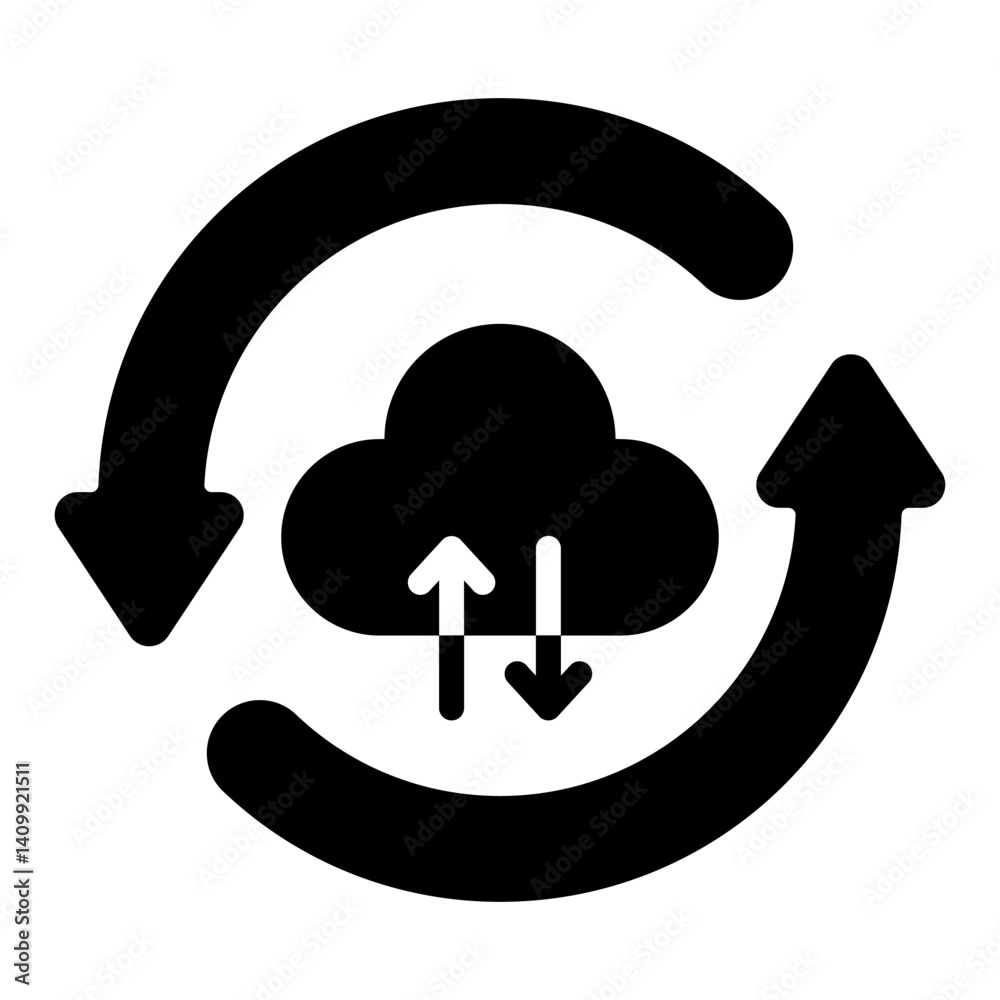 Poster circular arrows with cloud solid icon, data sharing concept. vector graphics. cloud storage sync sig