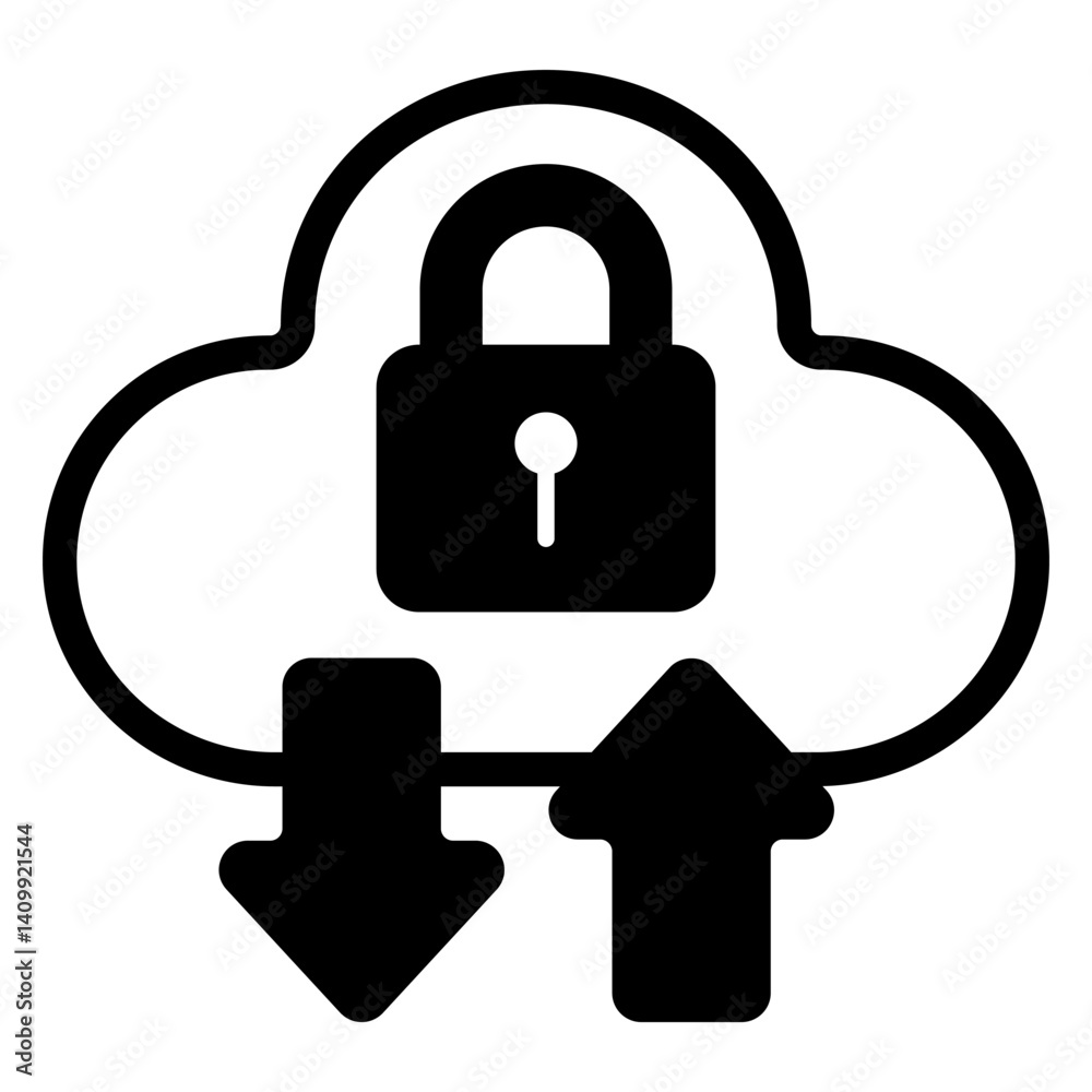 Poster cloud with lock and arrows solid icon, data protection concept. vector graphics. secure uploading si