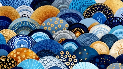 Abstract Blue and Gold Watercolor Pattern Scaled Semicircle Design Mandala Art Texture