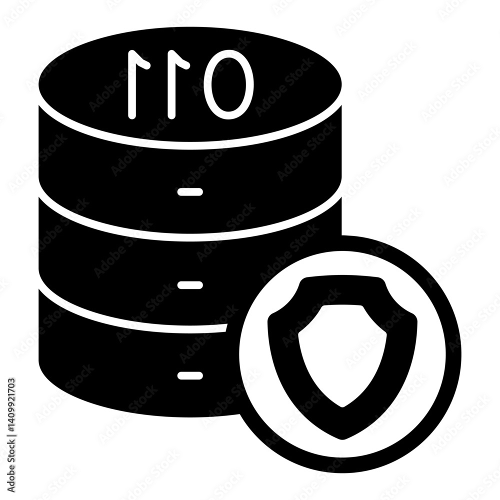 Poster hard disks array with emblem solid icon, data protection concept. vector graphics. storage with shie