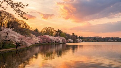 Obraz premium Peaceful lakeside view with blooming cherry blossom trees in spring, reflecting warm sunset colors in a serene natural landscape.
