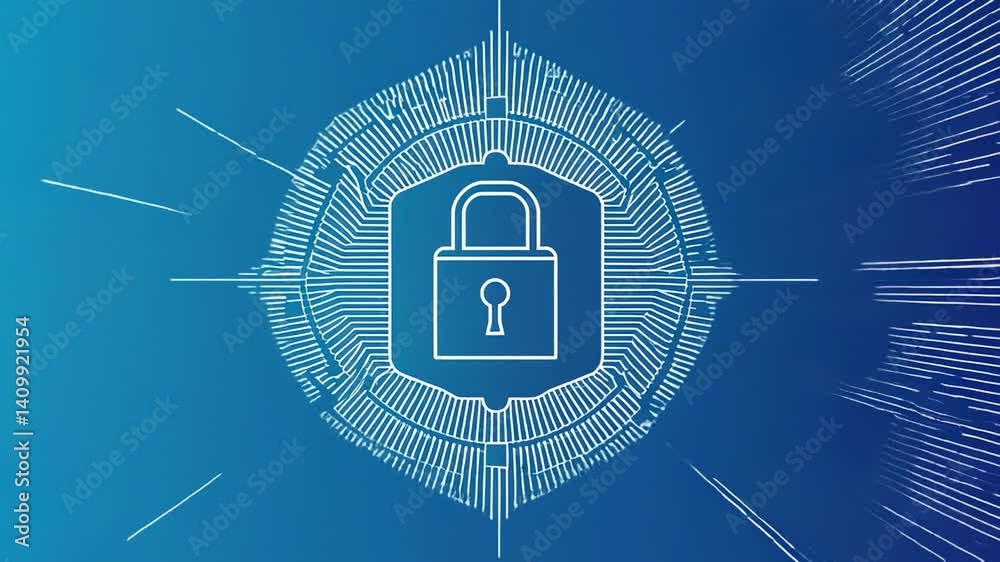 Poster Security concept animation featuring a stylized lock icon at the center of radiating lines and concentric circles, symbolizing data protection and encryption