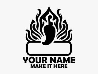 Bold black and white emblem depicting a chili pepper engulfed in stylized flames indicating a high level of spiciness. Food concept, chili logo design, chili logo brand and chili logo vector