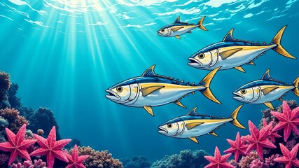 Tuna Day card. Fish swimming in sea water with corals, space for text