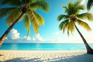 Fototapeta premium Palm trees swaying gently in warm ocean breeze, sunset, palm tree, beach