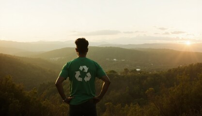 Fototapeta premium A man in a green recycling shirt stands with hands on hips looking at a vast forest landscape during golden hour with sun rays shining through the hills in the distance