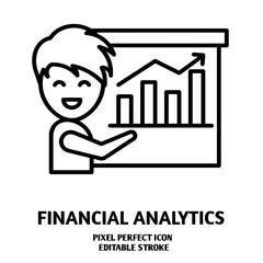 Financial analytics editable stroke outline icon isolated on white background flat vector illustration, black outline, Pixel perfect