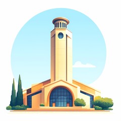 Obraz premium Modern Architectural Landmark. Circular Tower with Urban Cityscape and Greenery in Sunny Daytime Skyline - Sightseeing Travel Destination Illustration