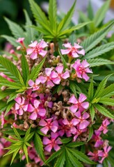Delicate pink wildflowers interwoven with vibrant green cannabis leaves, forming a charming bouquet, green leaves, weed
