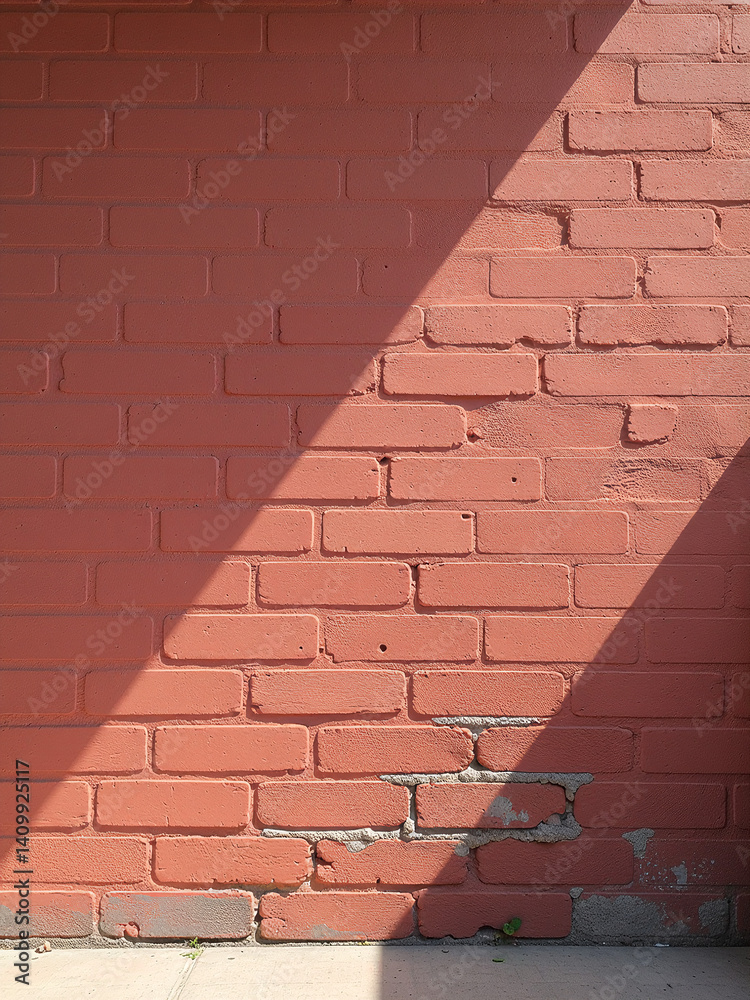 Poster soft light illuminates a worn brick wall with faded paint and deep cracks against a muted red backgr