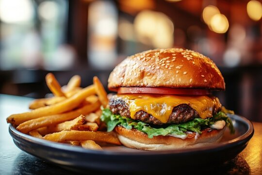 Double cheeseburger with lettuce tomato and onion served with golden fries with fine restaurant background