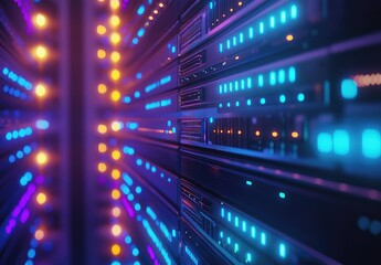 Fototapeta premium Close-up 3D render of glowing servers with vibrant blue, orange, and purple lights, ideal for illustrating futuristic data centers, cloud infrastructure, and digital technology