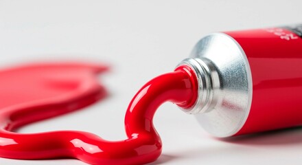 Naklejka premium A close up shot of a red paint tube with paint oozing out onto a white surface in a studio setting