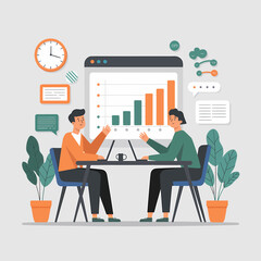 Business Meeting: Flat Design Illustration of Two Professionals Analyzing Growth Charts