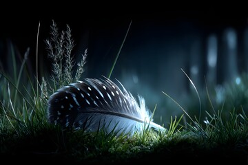 Owl feather resting on grass moonlight highlight 