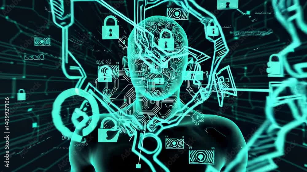 Fototapete digital humanoid surrounded by intricate network circuits and floating padlocks, representing cybers