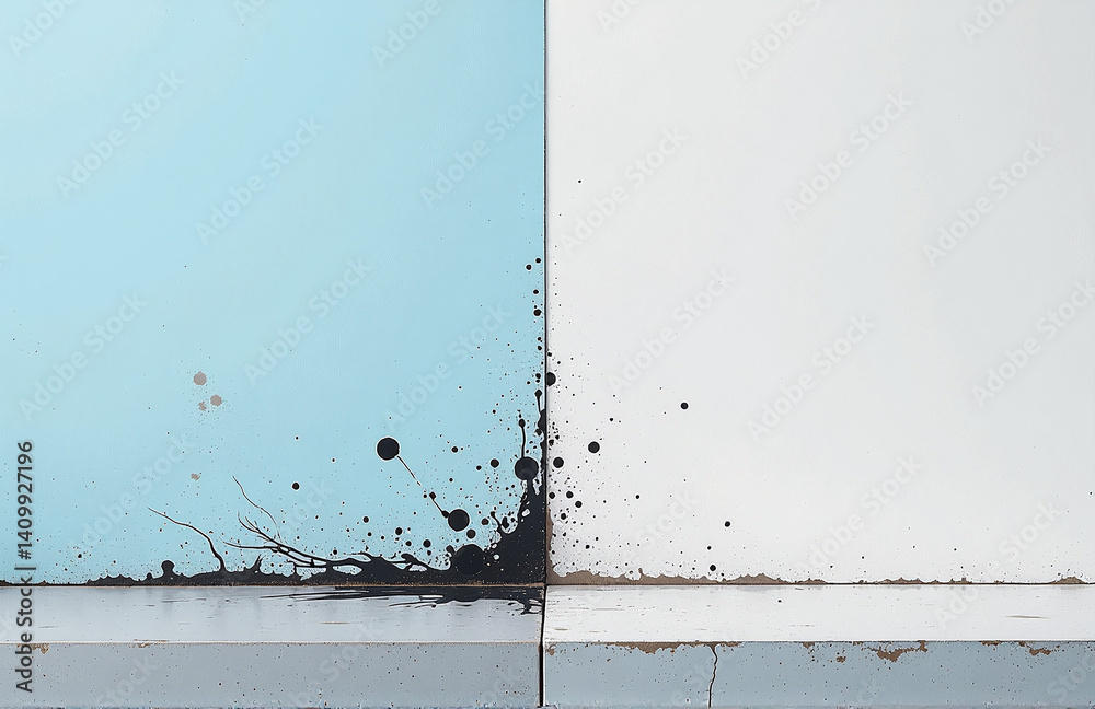 Aufkleber Splashes Of Paint On Concrete Contrast With Brushstrokes On Gray, Creating An Abstract Expressionist Scene With A Light Blue Background.