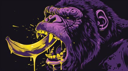 A hulking furry ape eats a banana furiously, covered in juice. Evil intentions, menacing, angry. Black background, use only colors purple and yellow. 