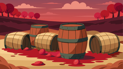 Obraz premium Large wooden barrels once filled to the brim with rich red wine now stand unused and hollow mirroring the heartbreaking state of the oncefertile land they were produced from.. Vector illustration